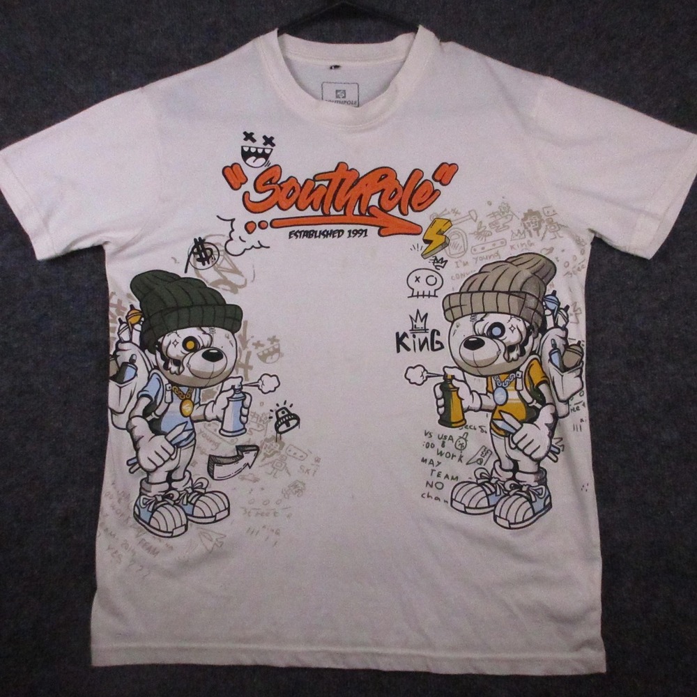 Southpole Shirt Boys 18-20 White Graffiti Bear Cartoon Graphic Tee Streetwear